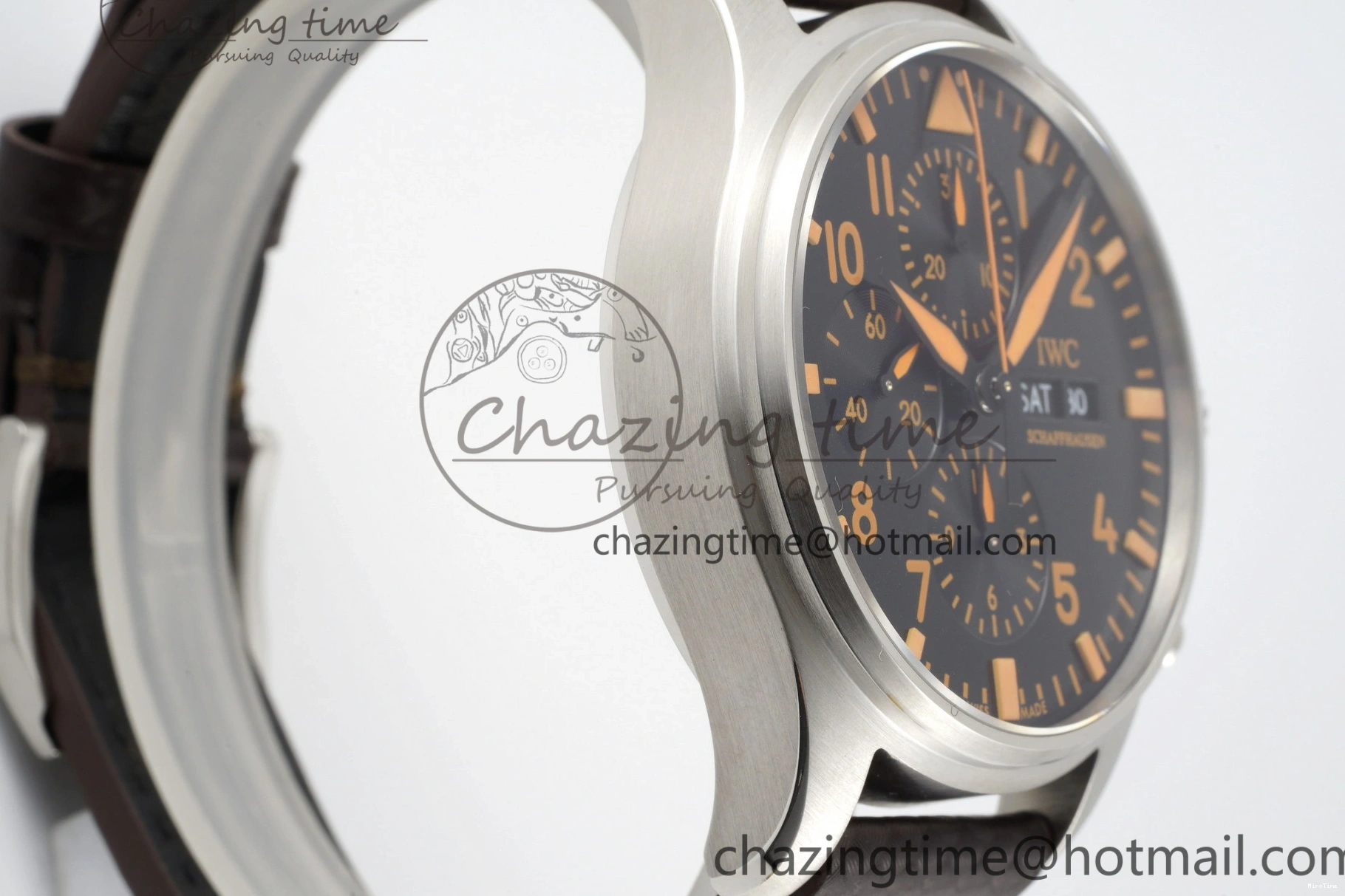 MIROTIME 0509 Pilot Chrono SS AZF 1:1 Best Edition Black Dial Orange Markers on Brown Leather Strap A EasyCare 7065